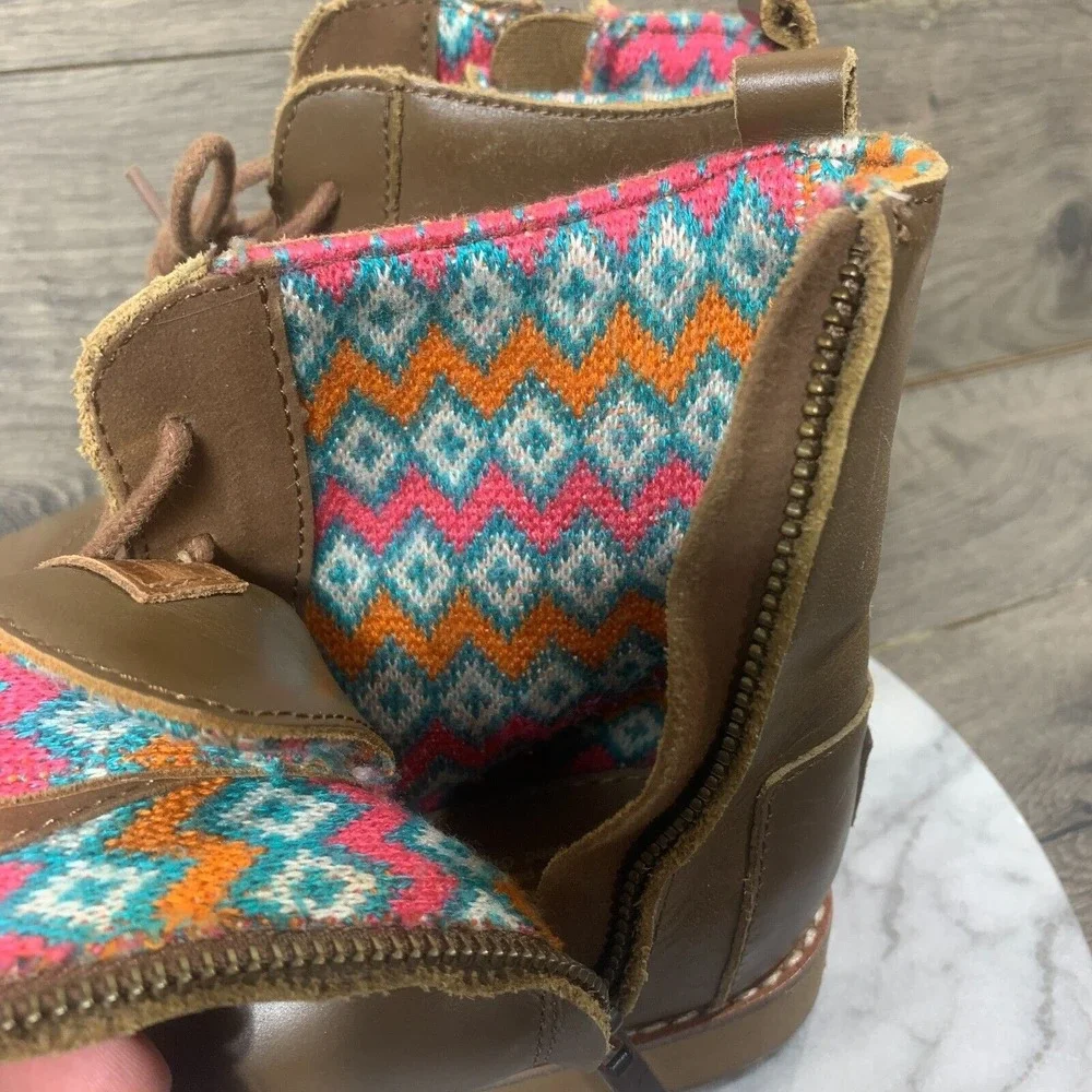 Toms Boots Womens 6.5 Brown Leather Lace Up Full Zip Ankle Comfort Outdoors Work